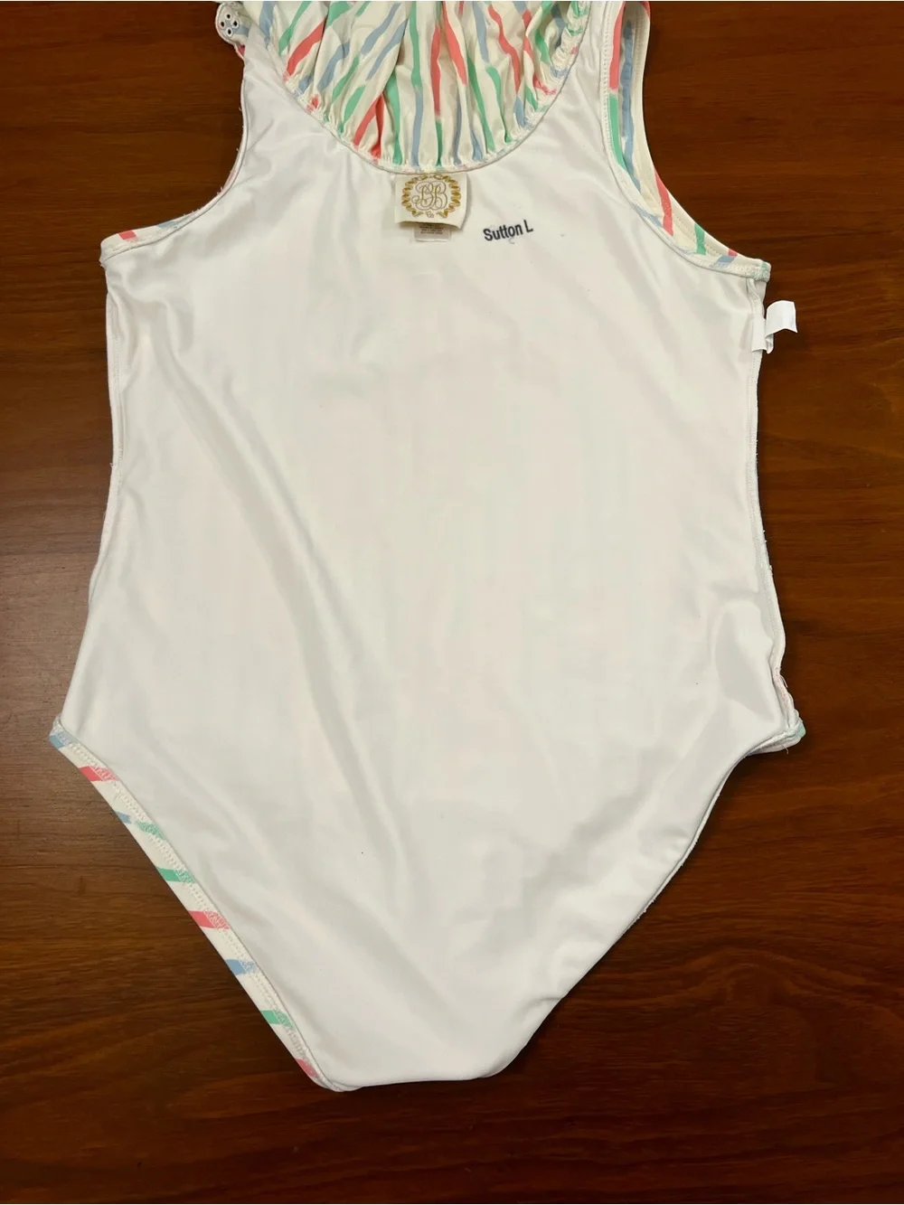 The Beaufort Bonnet Company Girls One Piece Swimsuit Watercolor Stripe Ruffle 14